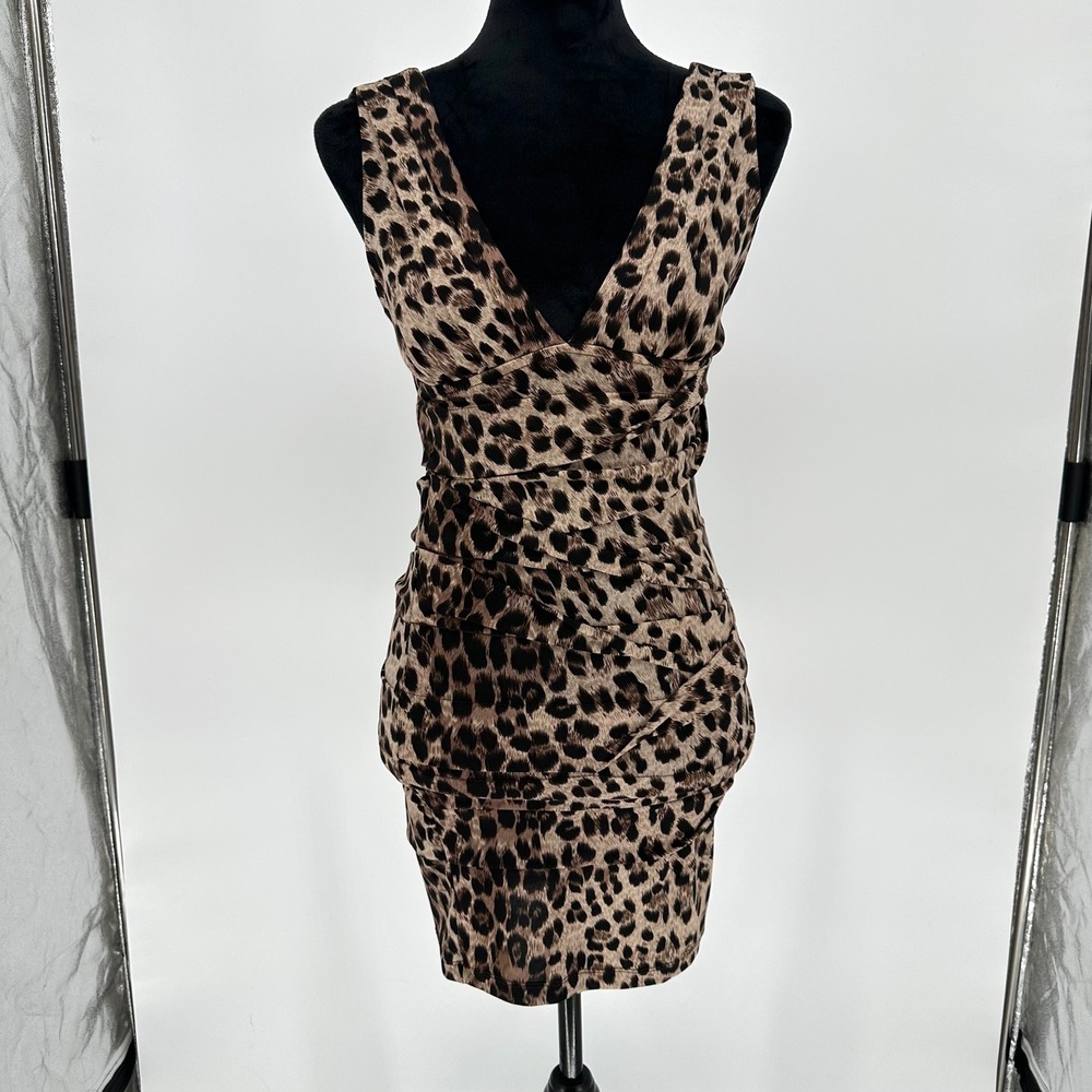 Forever 21 Leopard Animal Print Bodycon Mini Ruched Draped Asymmetrical Dress S